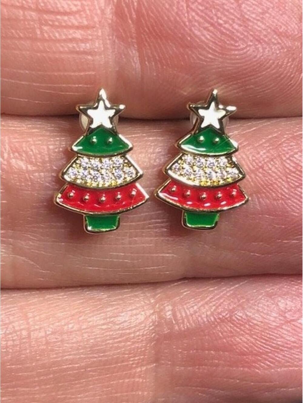 B2052 Christmas Tree Stud Earrings Gold Tone Enamel Rhinestone Star Vermeil 925